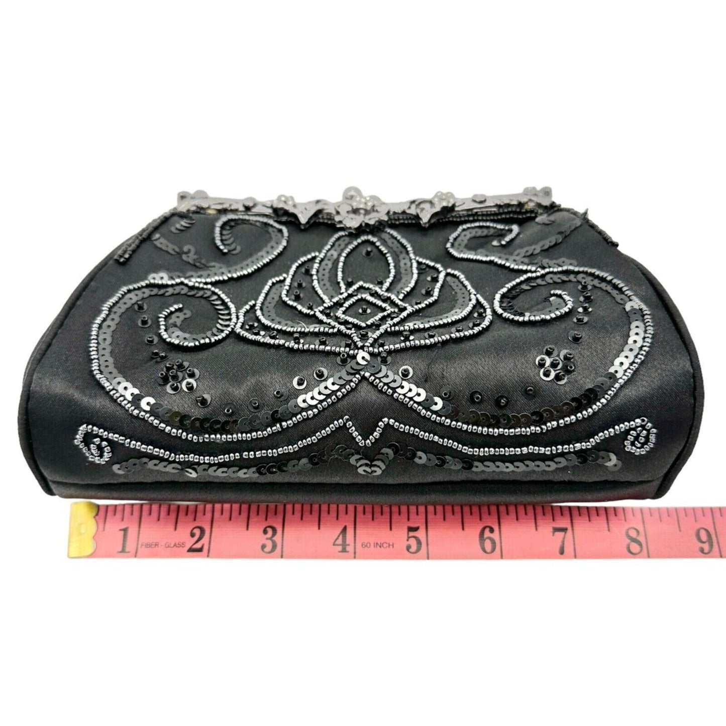 Elegant Evening Clutch Black Sequined and Beaded Silvertone Hardware EUC