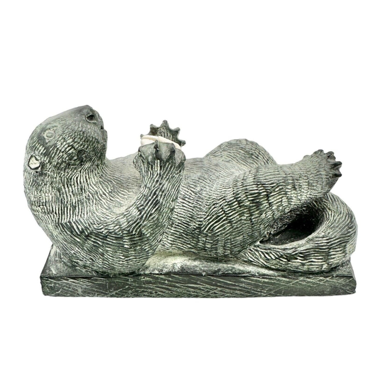 The Wolf Sculptures Soapstone Sea Otter with Shell Gray 4.5 x 2.5 x 2.5