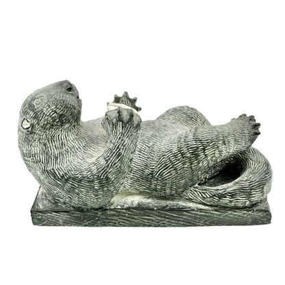 The Wolf Sculptures Soapstone Sea Otter with Shell Gray 4.5 x 2.5 x 2.5