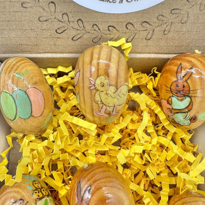Vintage Handcrafted Wooden Easter Egg Set Hand-Painted Designs 1 in X 1.5 in