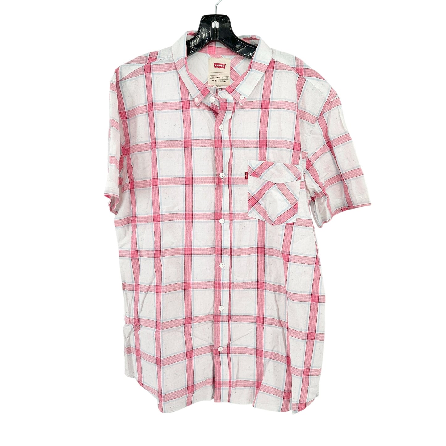 Levis Short Sleeve Shirt Mens L Red and White Plaid Cotton Casual Button Up