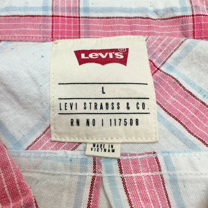 Levis Short Sleeve Shirt Mens L Red and White Plaid Cotton Casual Button Up