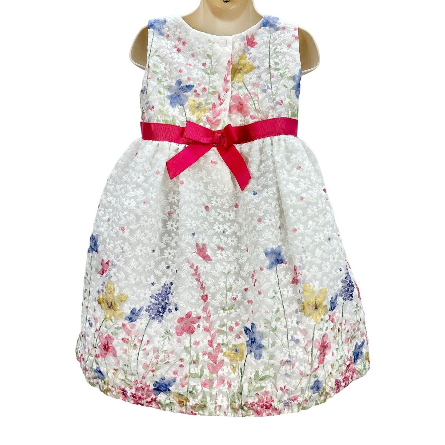 Blueberi Boulevard Child's Dress Size 4T White Stitched Flowers Pink Bow EUC