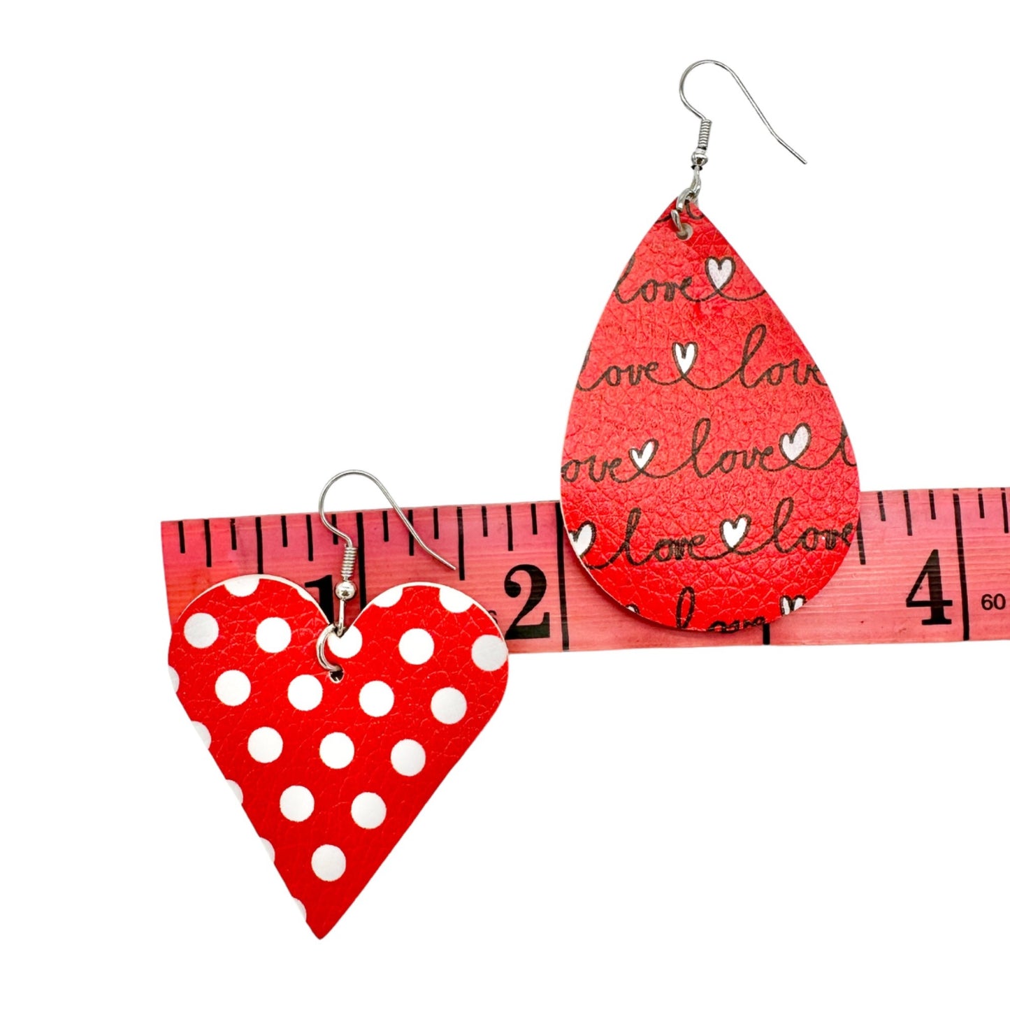 Two Pairs of Valentines Earrings 1 Heart 1 Teardop Red White Faux Leather NEW