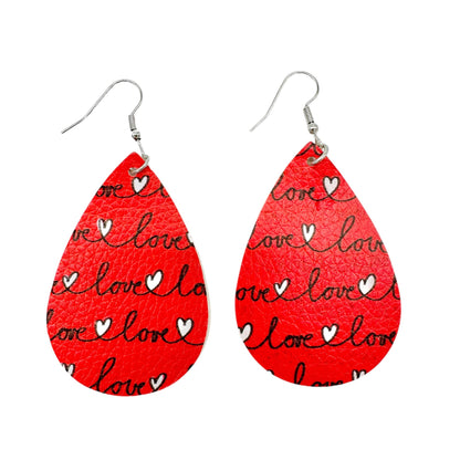Two Pairs of Valentines Earrings 1 Heart 1 Teardop Red White Faux Leather NEW