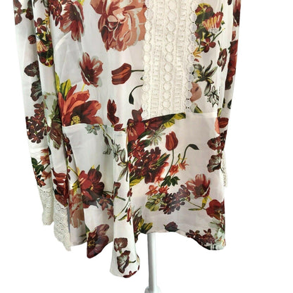 Suzanne Betro 2X Floral High Neck Lace Trim Peplum Top Red White LS NWT