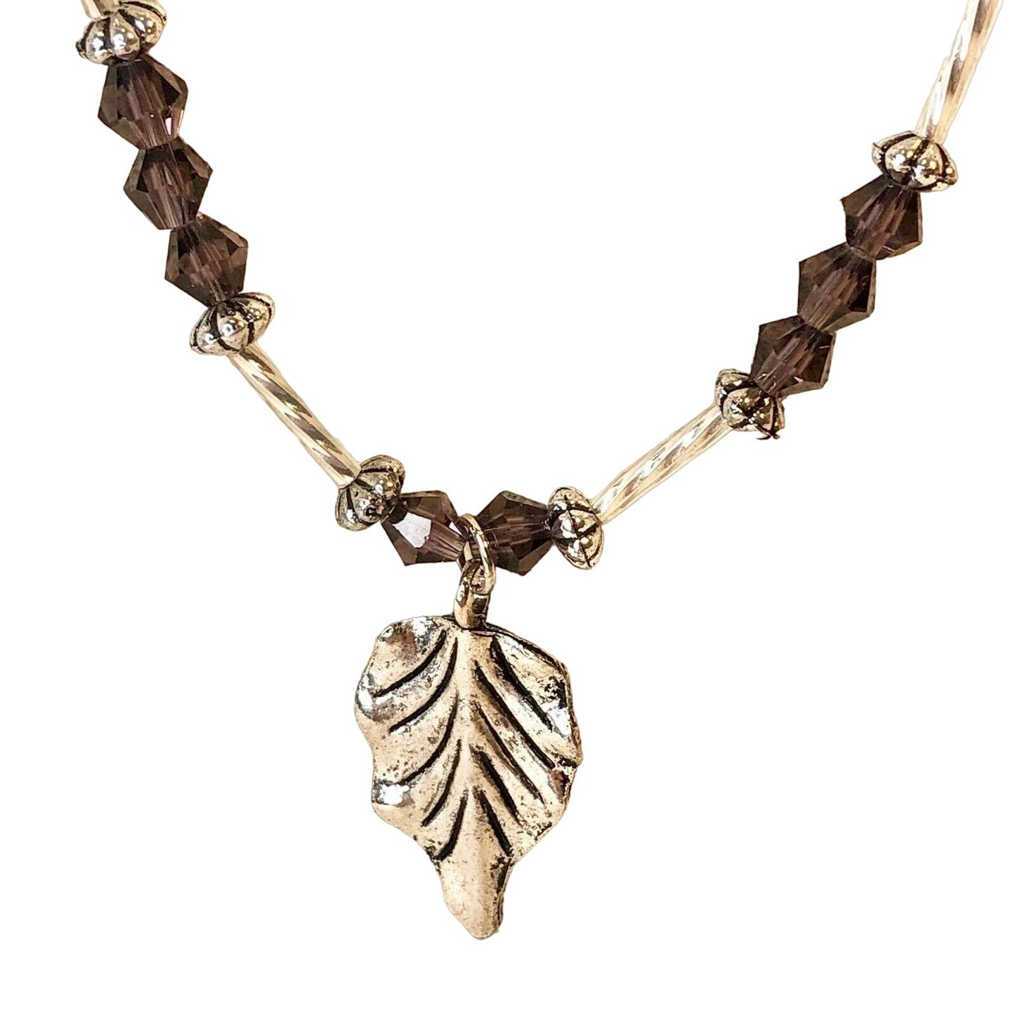 Handcrafted Beaded Necklace Silver Leaf Pendant & Purple Beads Chain Jewelry NEW
