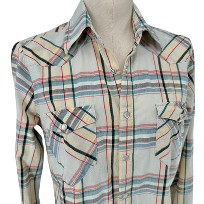 Wrangler Western Shirt Womens Large Plaid Long Sleeve Pearl Snap Shirt Beige