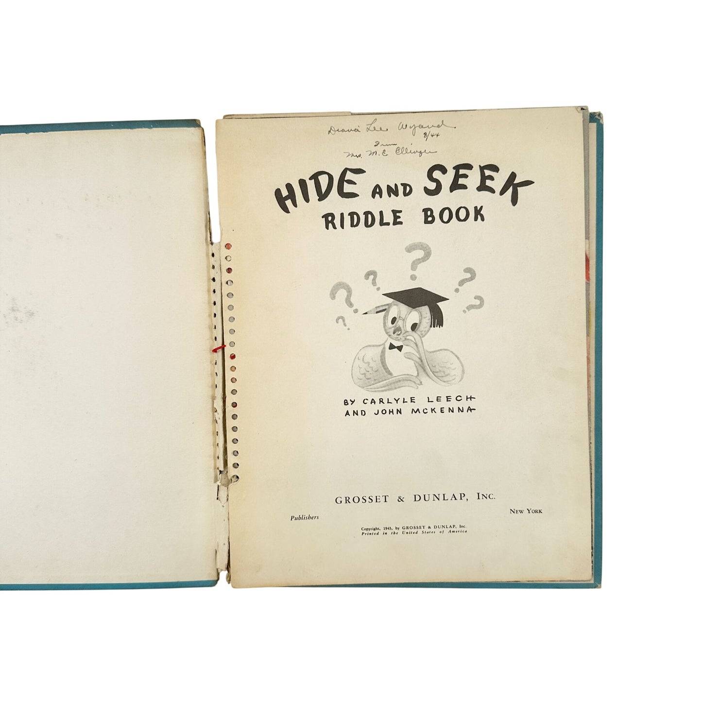 1943 Hide And Seek Riddle Book By Carlyle Leech and John McKenna Vtg Puzzle Book