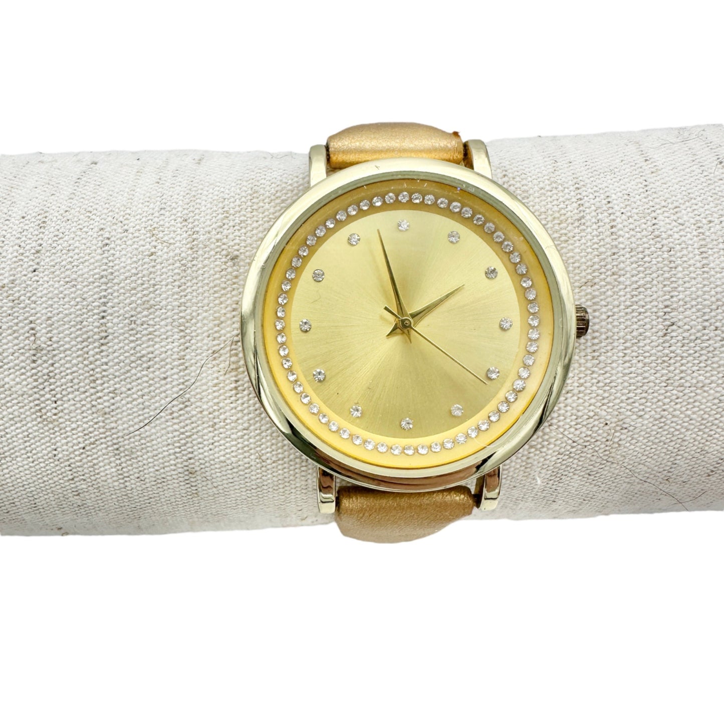 Goldtone Watch with Crystal Accent Faux Leather Gold Buckle Strap