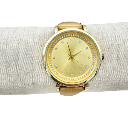 Goldtone Watch with Crystal Accent Faux Leather Gold Buckle Strap