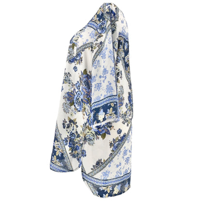 Hope Springs Tunic Top Womens 2XL Blue White Floral 3/4 Sleeve Side Slits EUC