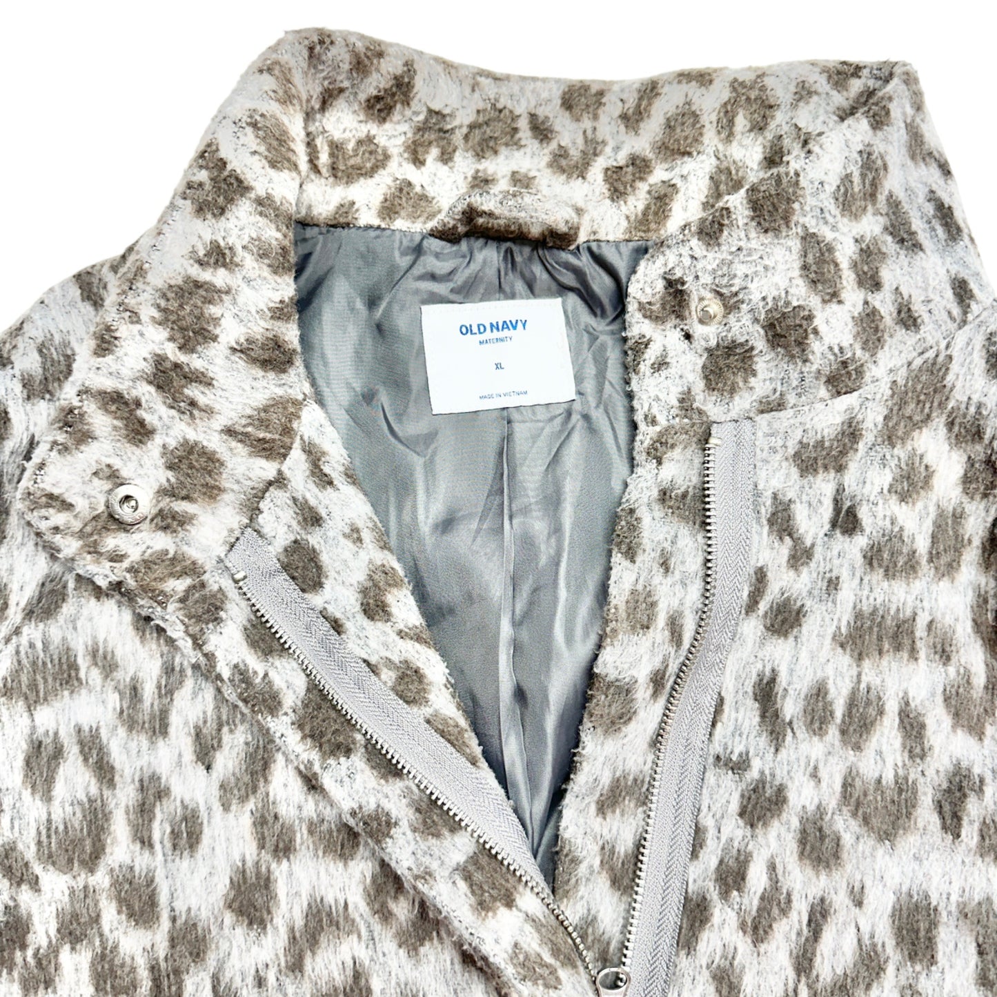 Old Navy Maternity Coat Women's XL Gray Leopard Print Zip and Waist Tie Closure