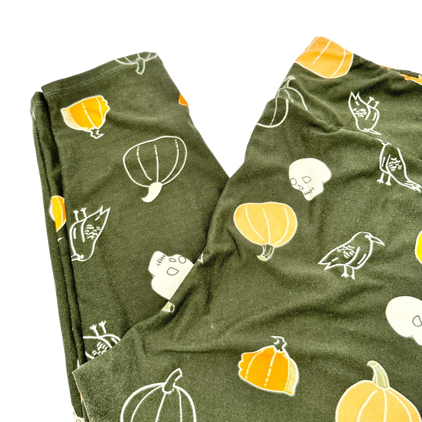 LuLaRoe Leggings TC2 Buttery Soft Olive Green Pumpkins Ravens Skulls Halloween Fall