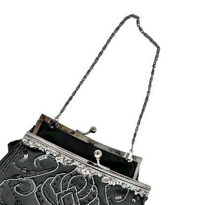 Elegant Evening Clutch Black Sequined and Beaded Silvertone Hardware EUC