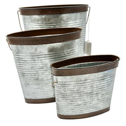 Transpac Galvanized Metal Containers Trio Rustic Oval Design Storage Buckets