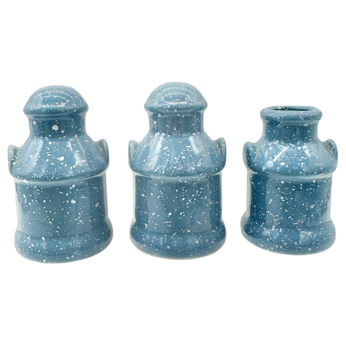 Vtg Illinois Blue Speckled Milk Can 3pc Set Salt Pepper Shakers Toothpick Holder
