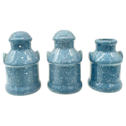 Vtg Illinois Blue Speckled Milk Can 3pc Set Salt Pepper Shakers Toothpick Holder