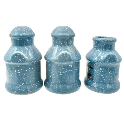 Vtg Illinois Blue Speckled Milk Can 3pc Set Salt Pepper Shakers Toothpick Holder