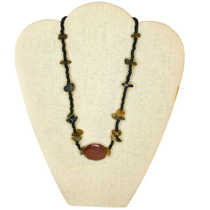 Handcrafted Beaded Necklace Brick Red & Gray Glass Stones Black Beads NEW