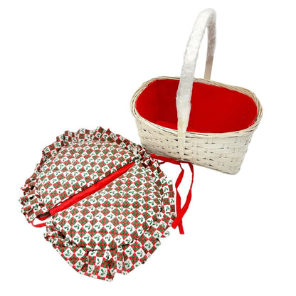 Basket with Removeable Bi-Fold Top White Red Lining Holly Berry Quilted Top EUC