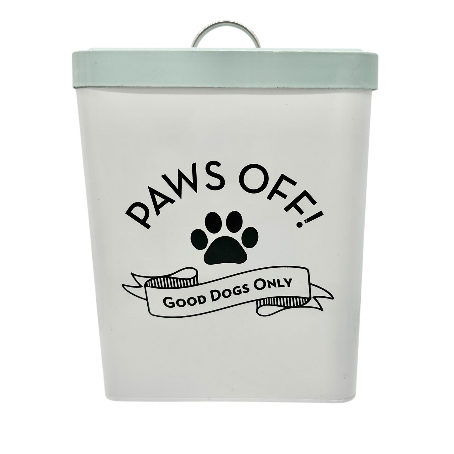 Paws Off Dog Treat Canister White with Blue Lid 9x7x6 Metal Storage for Pet Food