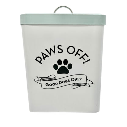 Paws Off Dog Treat Canister White with Blue Lid 9x7x6 Metal Storage for Pet Food
