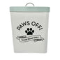 Paws Off Dog Treat Canister White with Blue Lid 9x7x6 Metal Storage for Pet Food