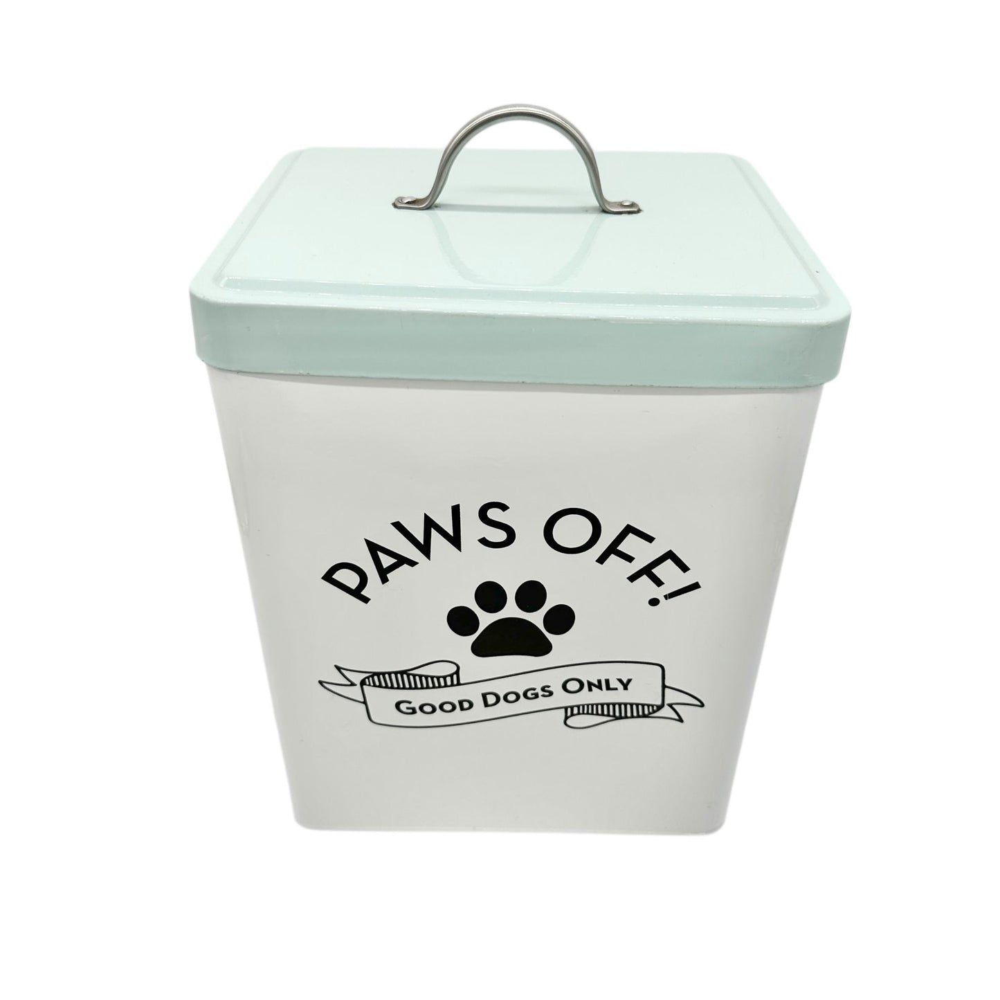 Paws Off Dog Treat Canister White with Blue Lid 9x7x6 Metal Storage for Pet Food