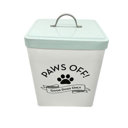 Paws Off Dog Treat Canister White with Blue Lid 9x7x6 Metal Storage for Pet Food