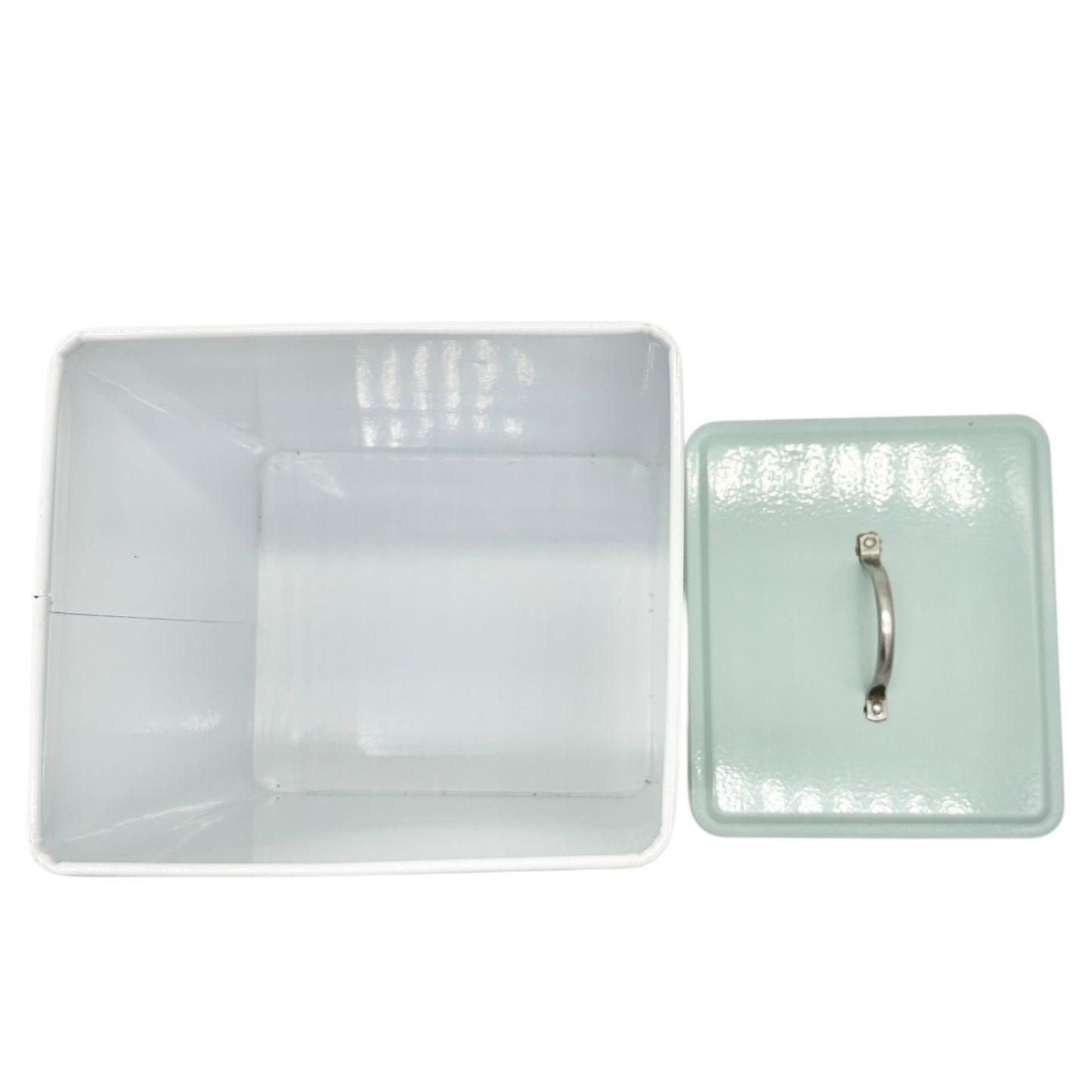 Paws Off Dog Treat Canister White with Blue Lid 9x7x6 Metal Storage for Pet Food