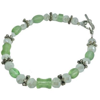 Handcrafted Bracelet White & Green Beads Silver Toggle Clasp Beads Spring NEW