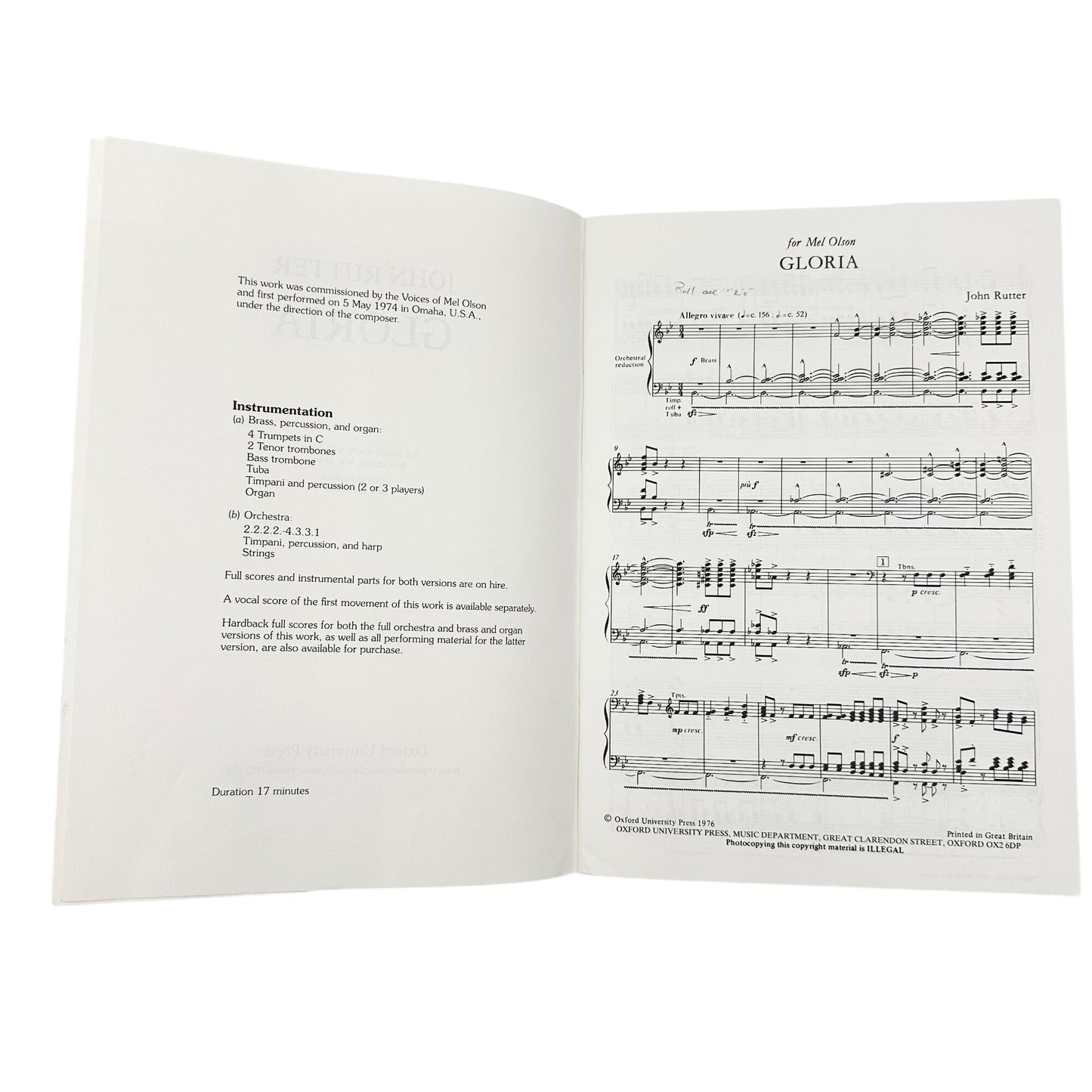 Gloria By John Rutter Vocal Score For Mixed Voices With Brass Percussion Organ