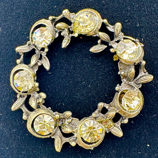 Antique Gold Tone Circle Pin Clear Rhinestones Floral Motif Early 1900s No Clasp