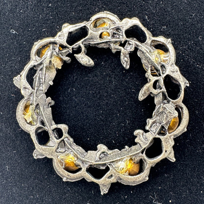 Antique Gold Tone Circle Pin Clear Rhinestones Floral Motif Early 1900s No Clasp