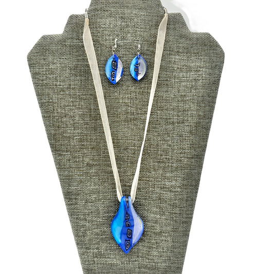 Handcrafted Fused Glass Necklace Earrings Set Blue Abstract Design Sheer Ribbon
