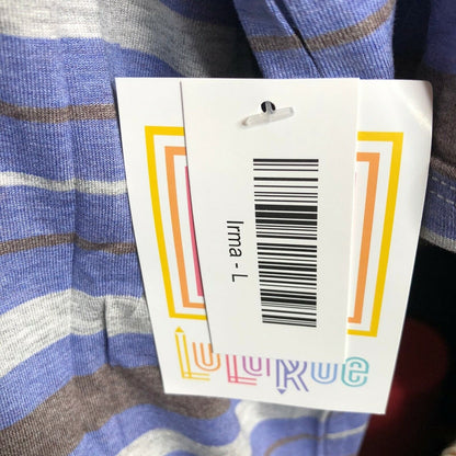 LuLaRoe RETIRED Irma Women's Large Gray & Blue Stripes mid-length sleeves NWT