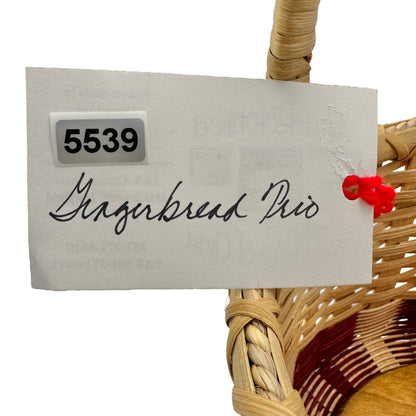 Handmade Basket Gingerbread Trio Round with Wrapped Handle Burgundy Accent