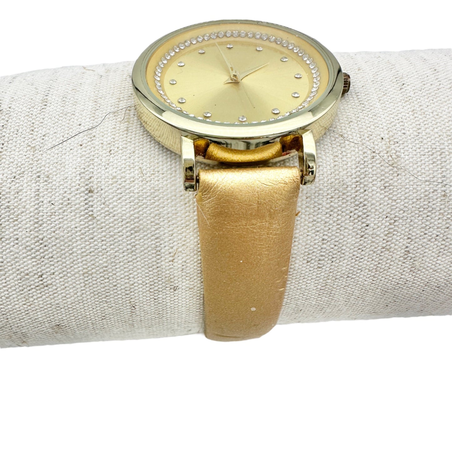 Goldtone Watch with Crystal Accent Faux Leather Gold Buckle Strap