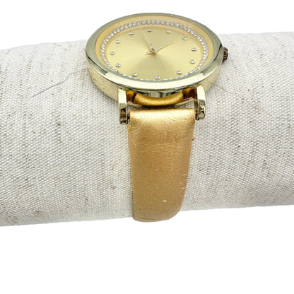Goldtone Watch with Crystal Accent Faux Leather Gold Buckle Strap