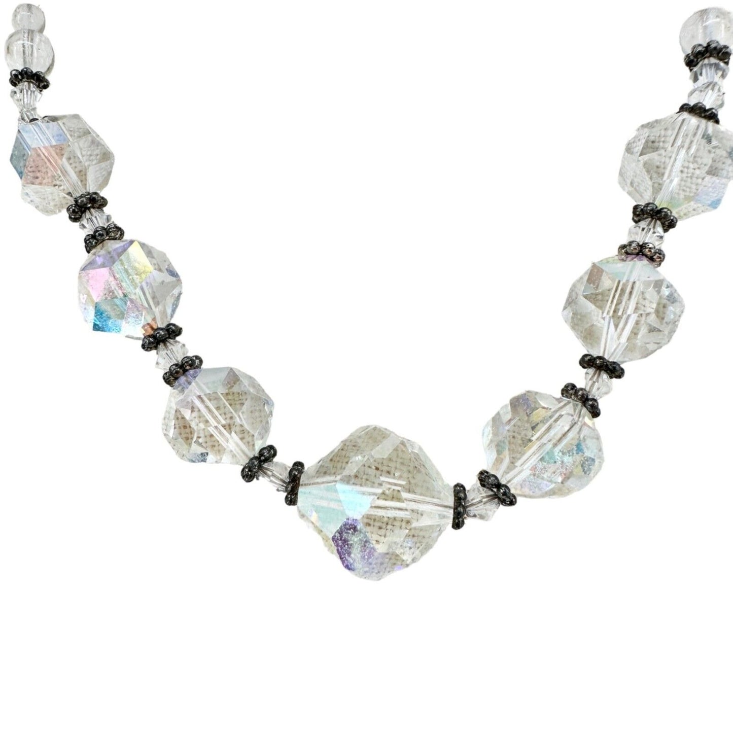 Handmade Necklace Clear Beads and Silvertone Accent Pieces 20" Long