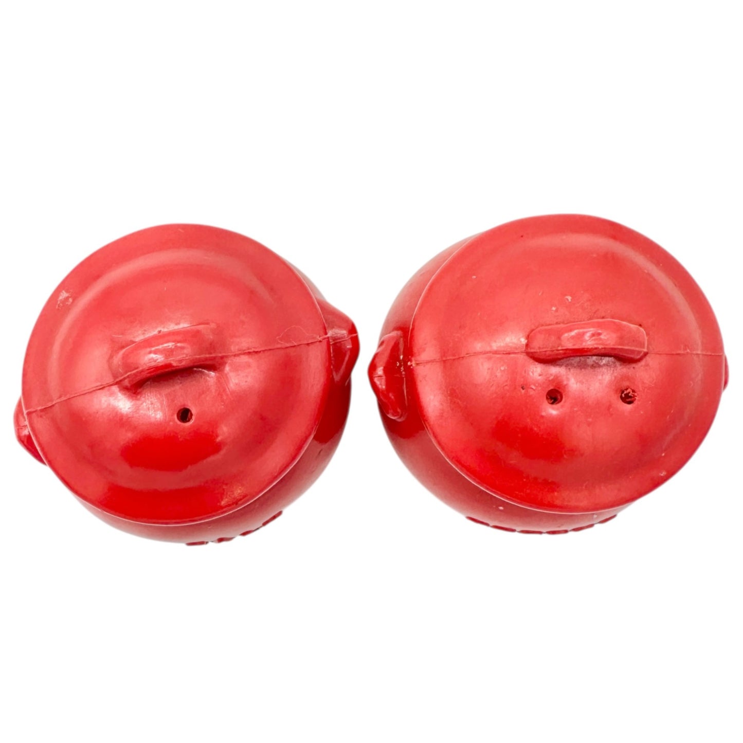 Vintage Pot Shaped Salt and Pepper Shakers Red Plastic with Rubber Stoppers 3x3