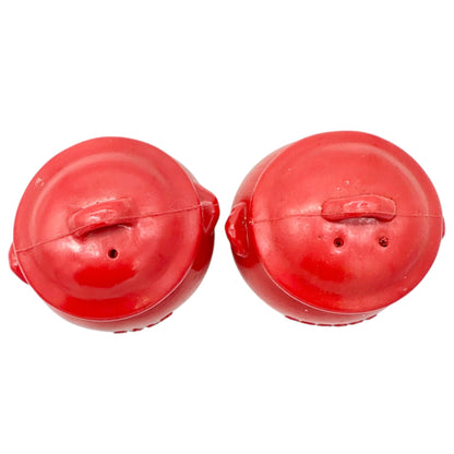 Vintage Pot Shaped Salt and Pepper Shakers Red Plastic with Rubber Stoppers 3x3