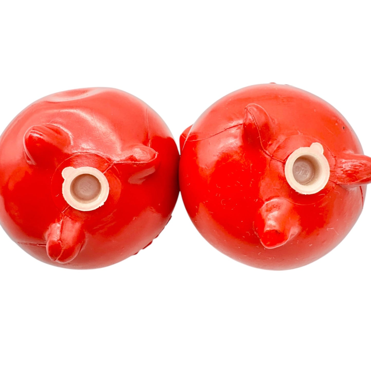 Vintage Pot Shaped Salt and Pepper Shakers Red Plastic with Rubber Stoppers 3x3