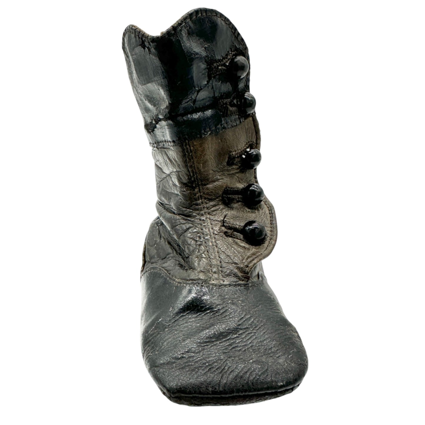 Vintage Childs Leather Button Boot Black Brown 4 Inch Antique Victorian Era Shoe