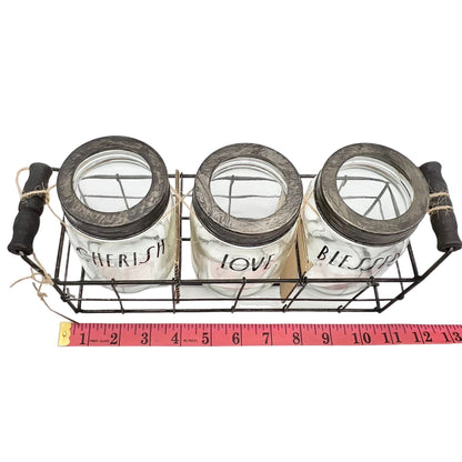 Rae Dunn Home Essentials 3 Glass Jars in Wire Basket Set CHERISH LOVE BLESSED