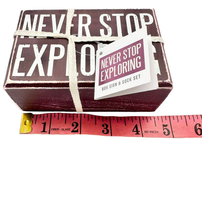 Primitives by Kathy 'Never Stop Exploring' Box Sign & Orange Socks Set NWT