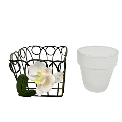 Votive Candle Holder Wire Glass 4.5 x 3 x 3 3D Flowers Attached