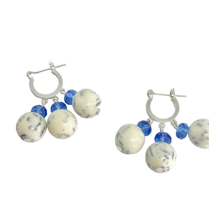 Handcrafted Beaded Earrings White & Blue Glass Beads Silver Hoop Jewelry NEW