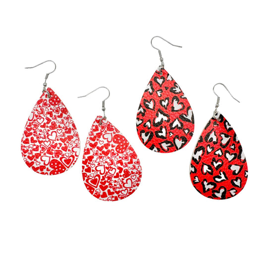 Two Pairs Valentines Earrings Hearts Teardrop Red White Black Faux Leather NEW